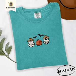 Seafoam Cowboy Ghosts and Pumpkin Embroidered T-Shirt
