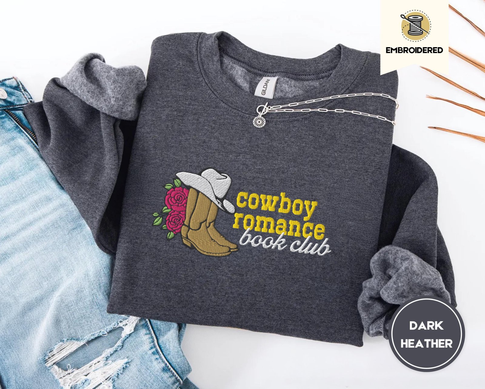 Dark Heather Cowboy Romance Book Club Embroidered Sweatshirt