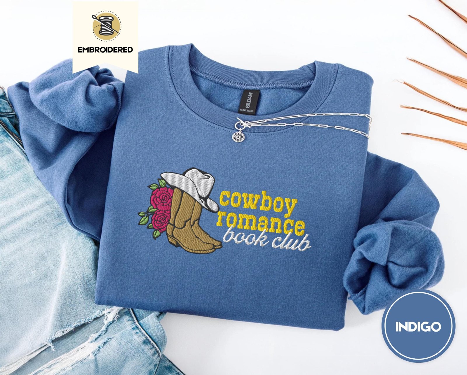Indigo Blue Cowboy Romance Book Club Embroidered Sweatshirt