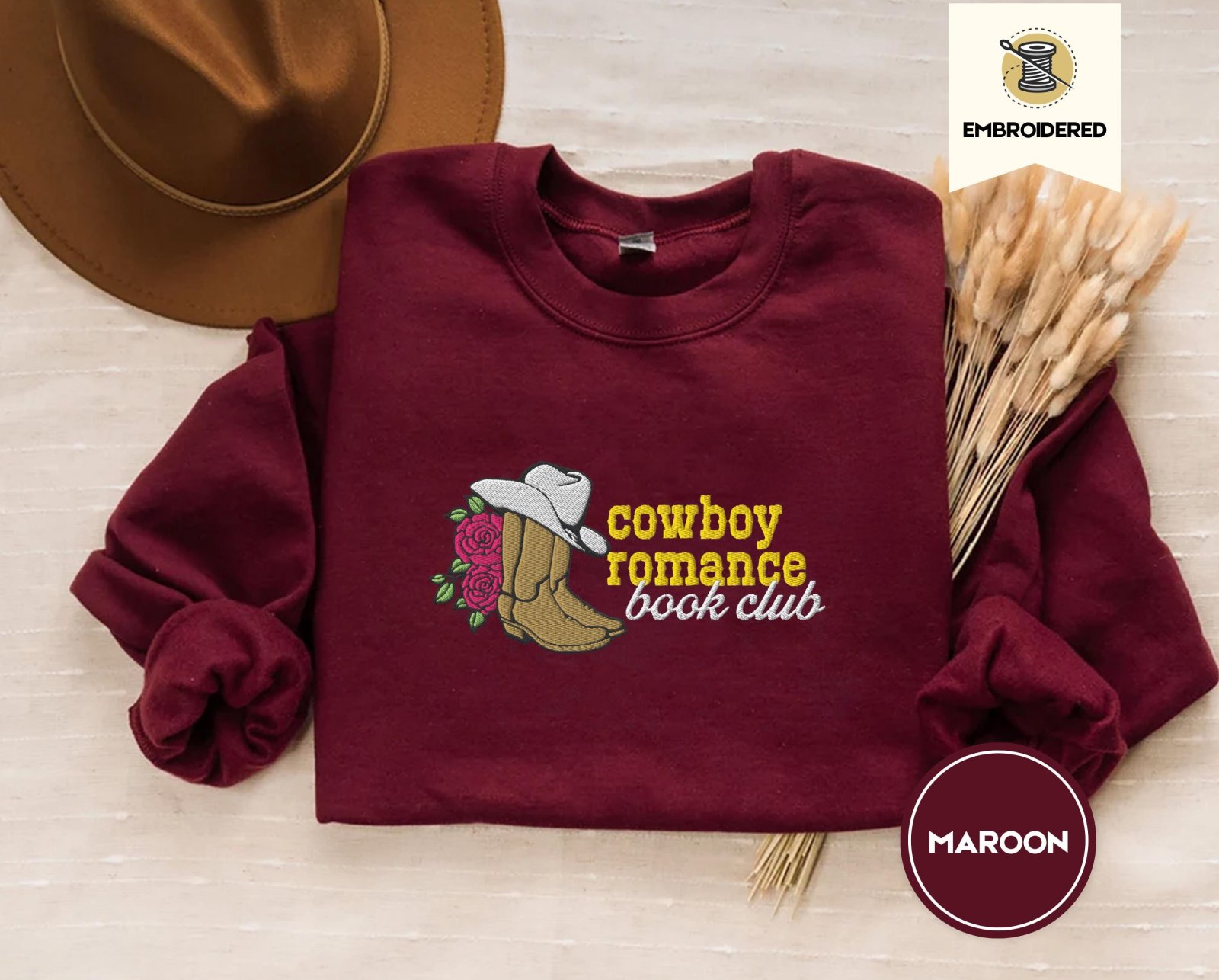 Maroon Cowboy Romance Book Club Embroidered Sweatshirt