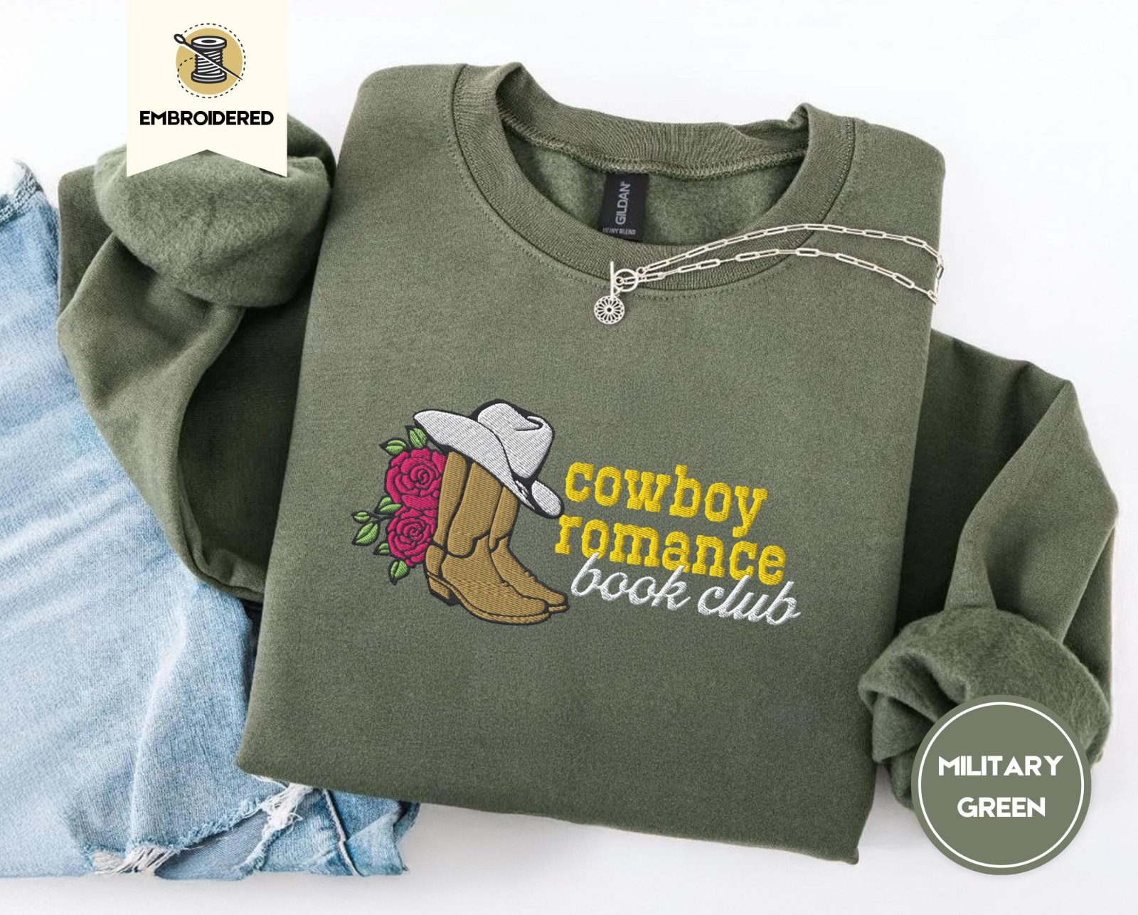 Military Green Cowboy Romance Book Club Embroidered Sweatshirt
