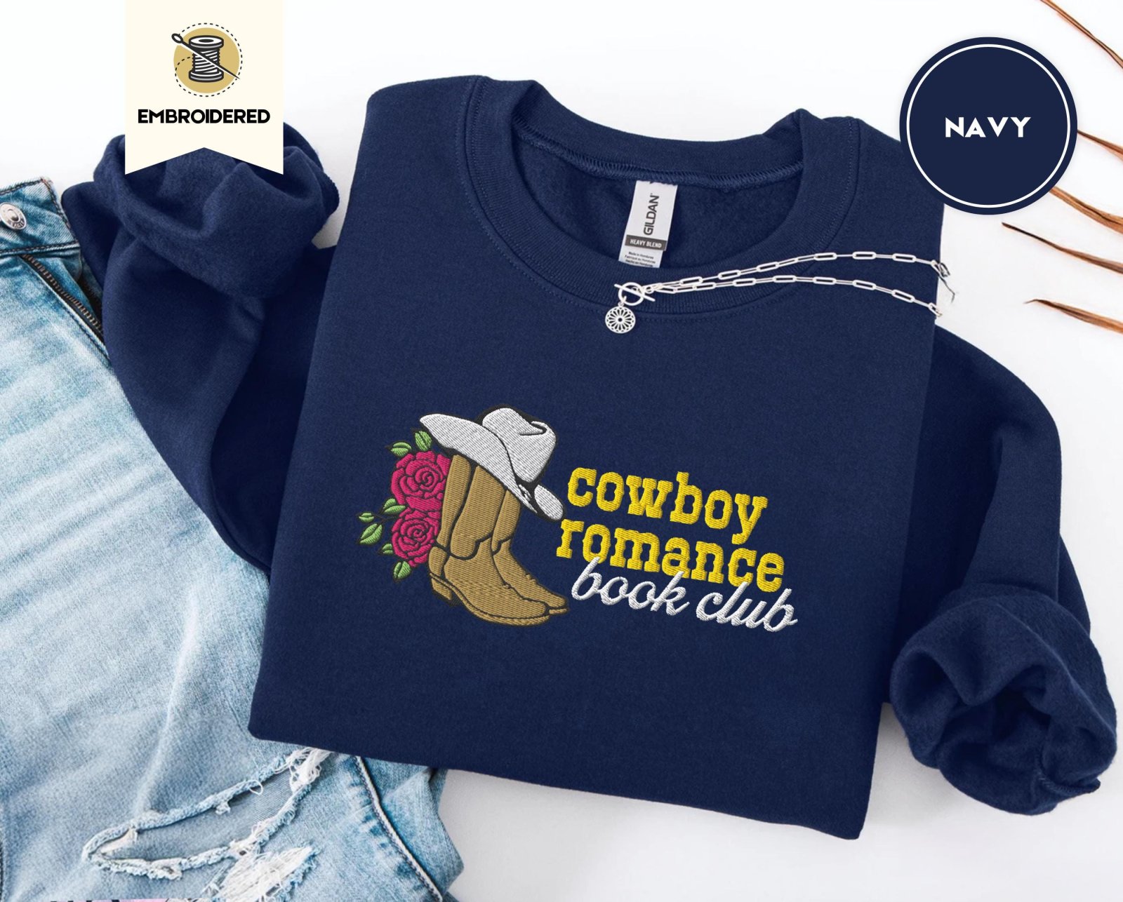 Navy Cowboy Romance Book Club Embroidered Sweatshirt