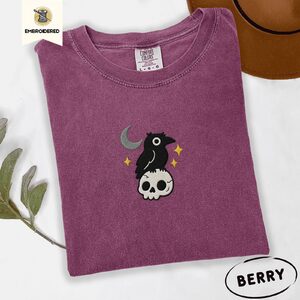 Berry Crescent Moon Crow and Skull Embroidered T-Shirt