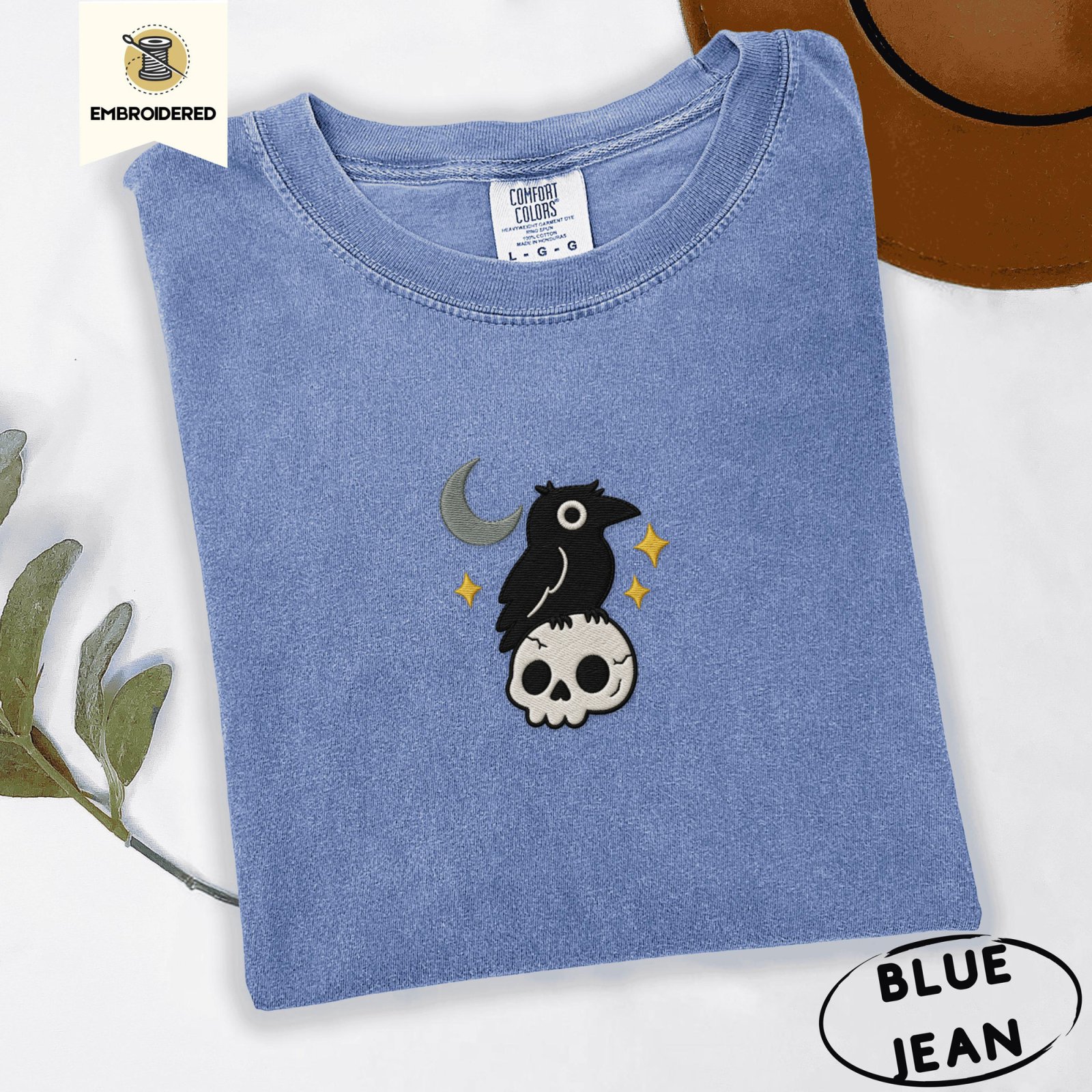 Blue Jean Crescent Moon Crow and Skull Embroidered T-Shirt