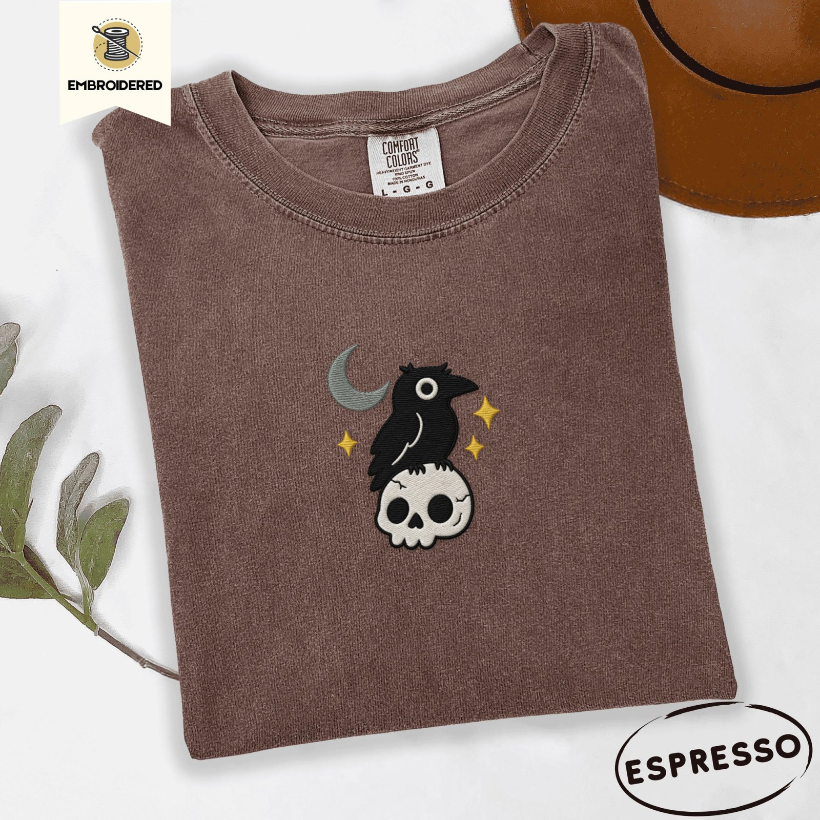 Espresso Crescent Moon Crow and Skull Embroidered T-Shirt