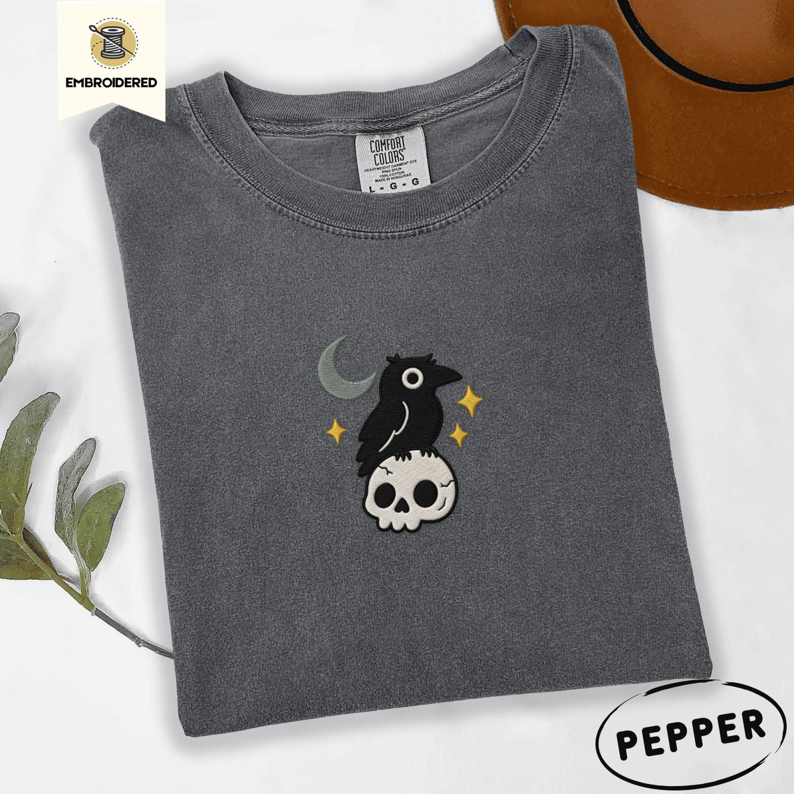 Pepper Crescent Moon Crow and Skull Embroidered T-Shirt