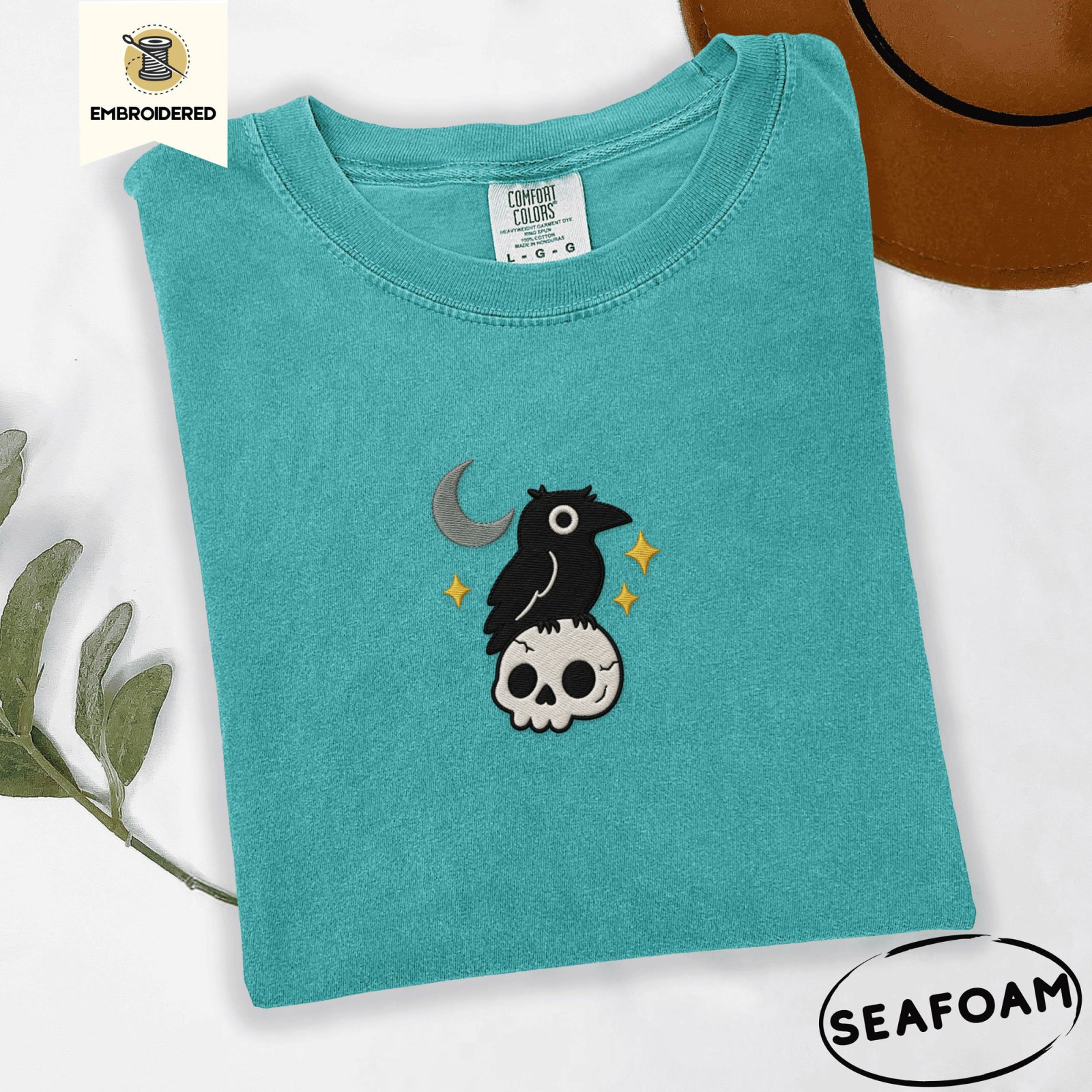 Seafoam Crescent Moon Crow and Skull Embroidered T-Shirt