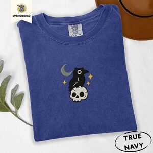 True Navy Crescent Moon Crow and Skull Embroidered T-Shirt