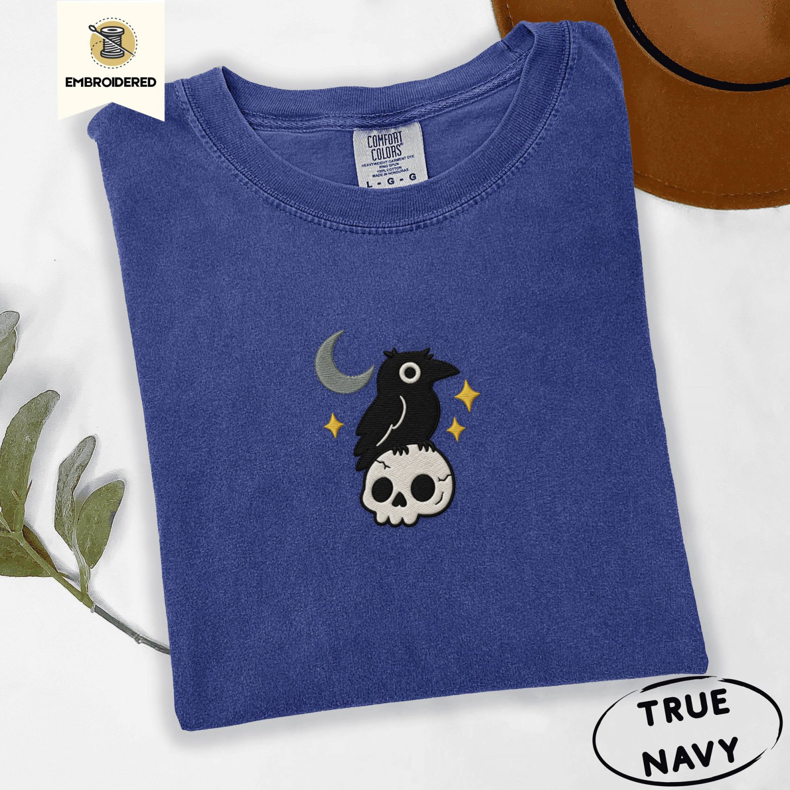 True Navy Crescent Moon Crow and Skull Embroidered T-Shirt