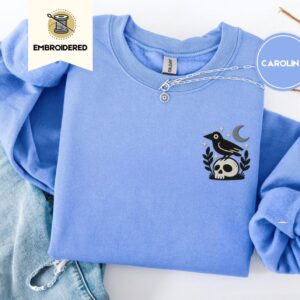 Carolina Blue Crow And Skull Embroidered Sweatshirt