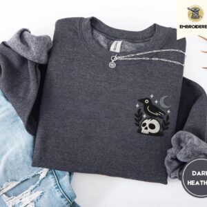 Dark Heather Crow And Skull Embroidered Sweatshirt