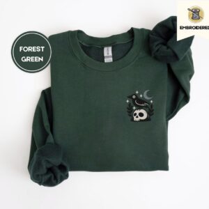 Forest Green Crow And Skull Embroidered Sweatshirt