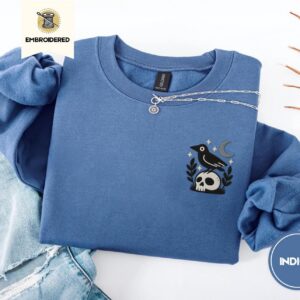 Indigo Blue Crow And Skull Embroidered Sweatshirt