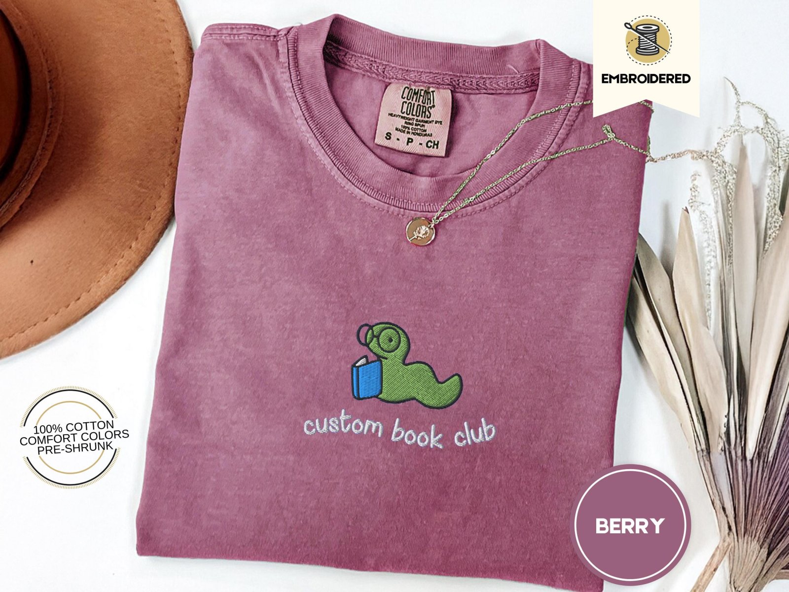 Berry Custom Book Club Bookworm Embroidered T-Shirt