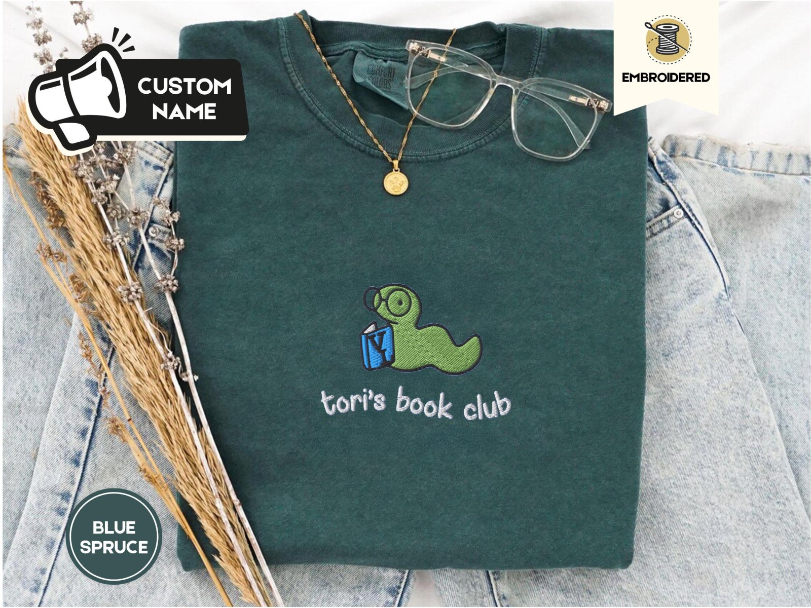 Blue Spruce Custom Book Club Bookworm Embroidered T-Shirt