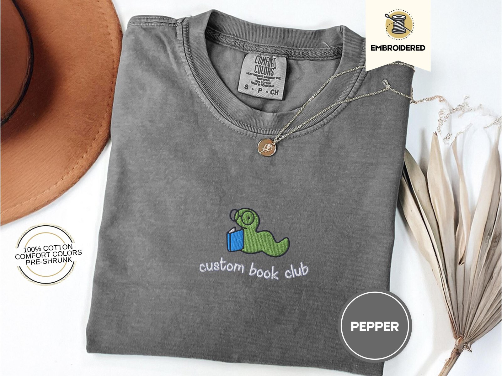 Pepper Custom Book Club Bookworm Embroidered T-Shirt
