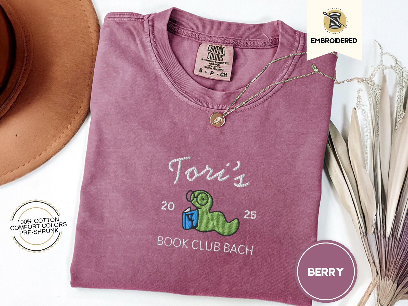 Berry Custom Bookworm Book Club Embroidered T-Shirt