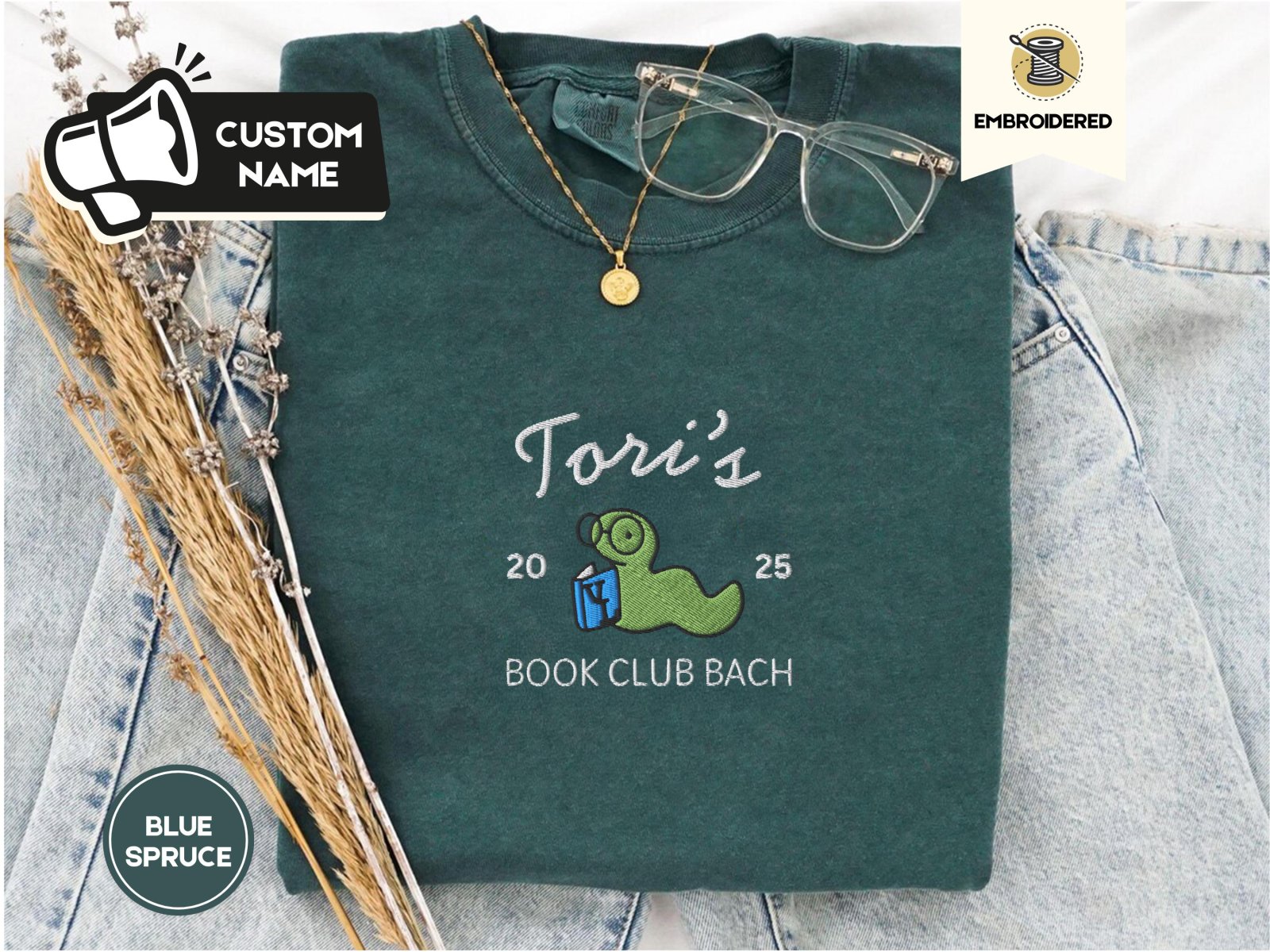 Blue Spruce Custom Bookworm Book Club Embroidered T-Shirt