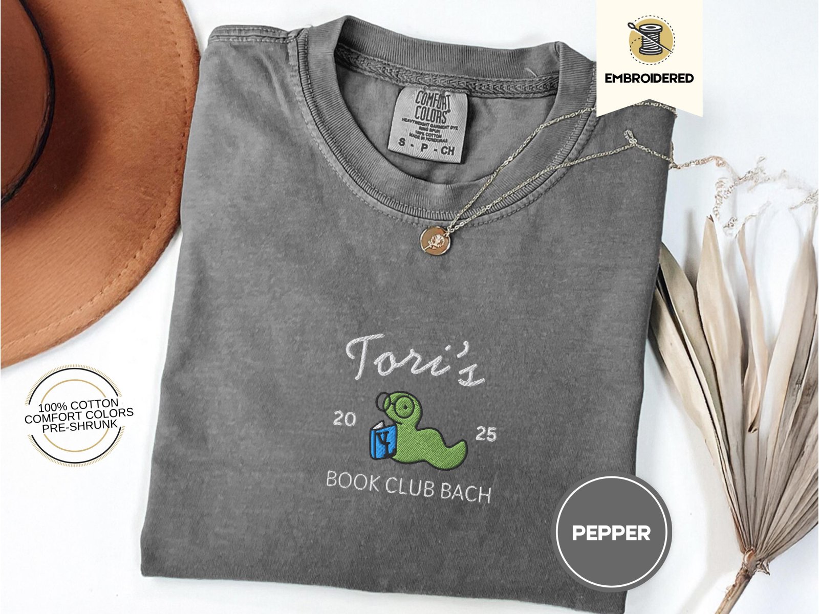 Pepper Custom Bookworm Book Club Embroidered T-Shirt