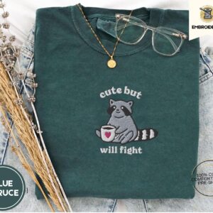 Blue Spruce Cute But Will Fight Raccoon Embroidered T-Shirt