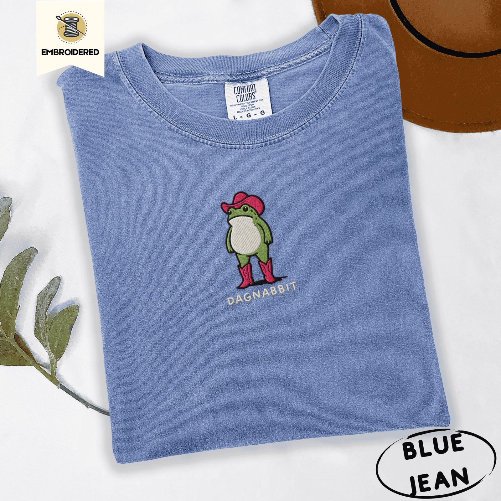 Blue Jean Dagnabbit Cowboy Frog Embroidered T-Shirt