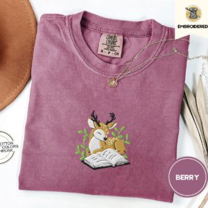 Berry Deer and Open Book Embroidered T-Shirt