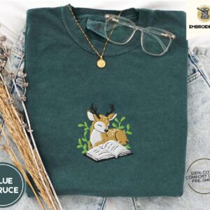 Blue Spruce Deer and Open Book Embroidered T-Shirt
