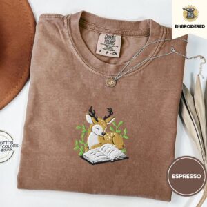 Espresso Deer and Open Book Embroidered T-Shirt
