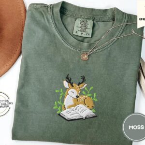 Moss Deer and Open Book Embroidered T-Shirt