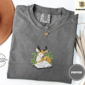 Pepper Deer and Open Book Embroidered T-Shirt