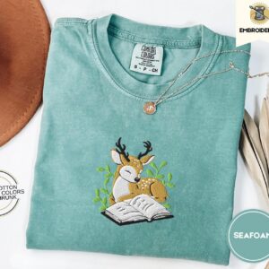 Seafoam Deer and Open Book Embroidered T-Shirt
