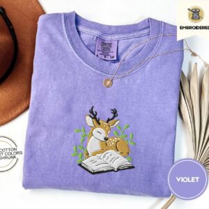 Violet Deer and Open Book Embroidered T-Shirt
