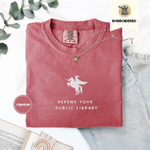 Crimson Defend Your Public Library Embroidered T-Shirt