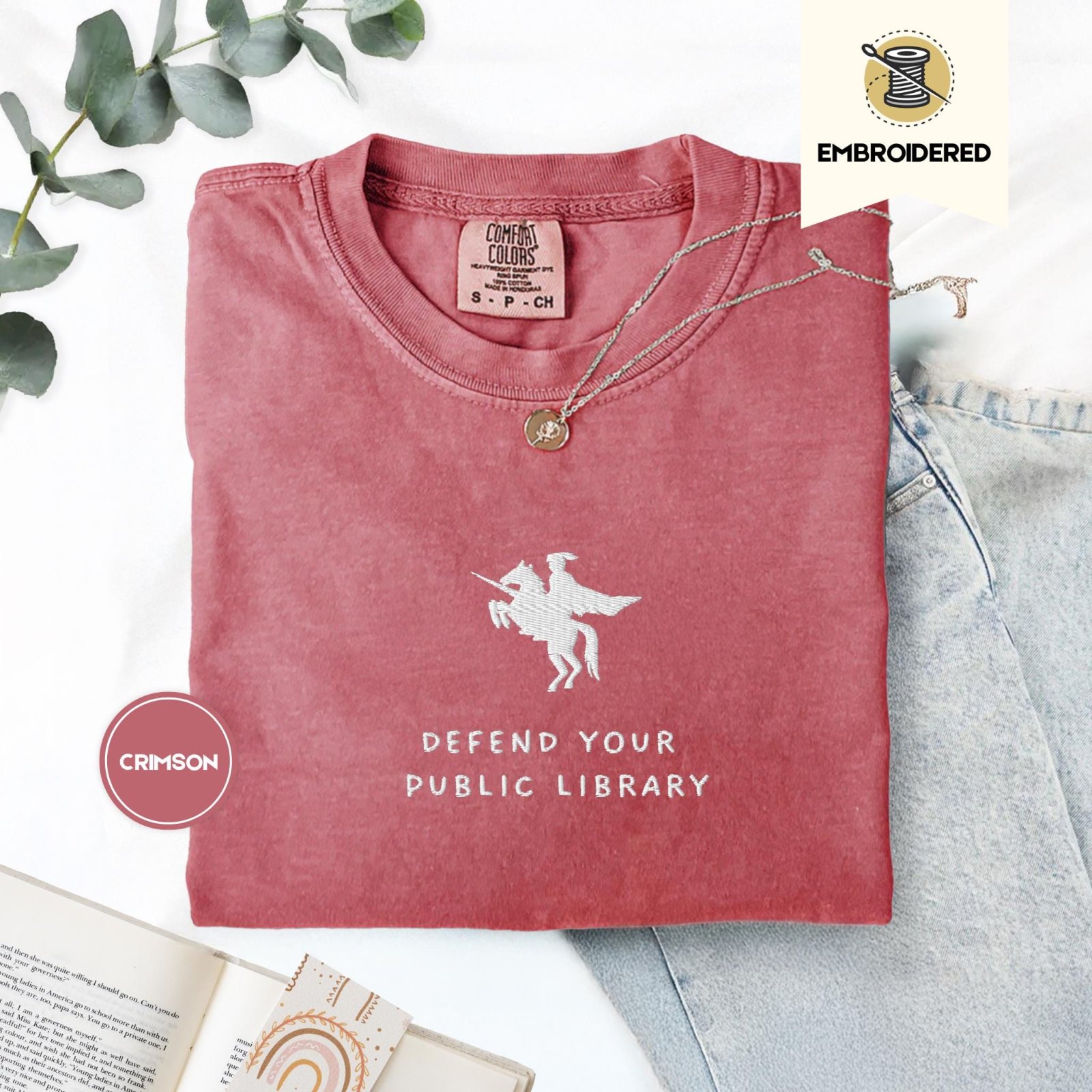 Crimson Defend Your Public Library Embroidered T-Shirt