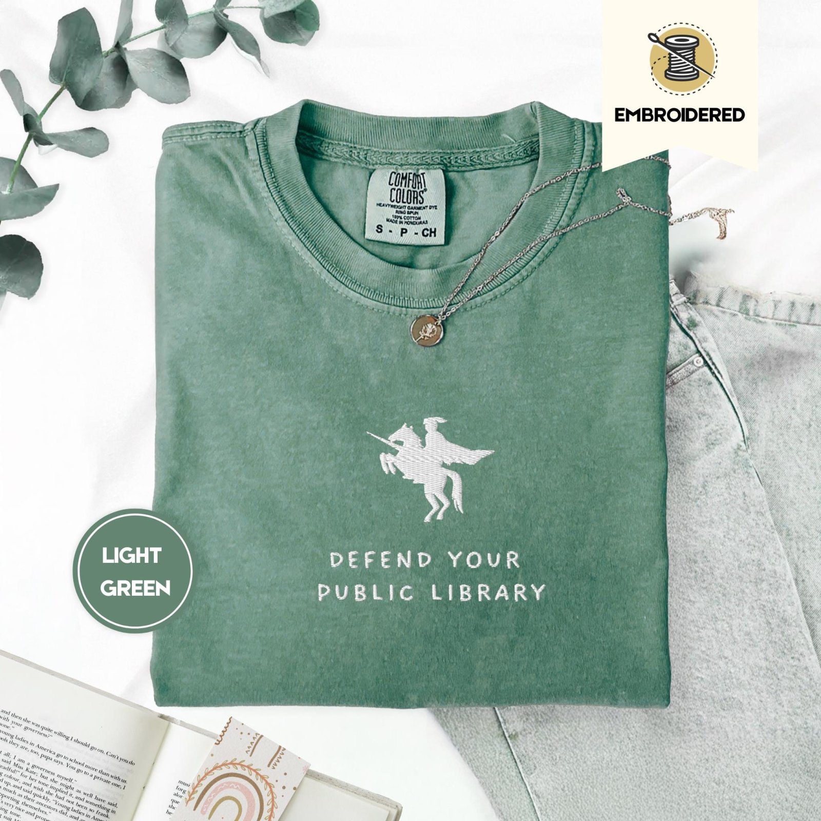 Light Green Defend Your Public Library Embroidered T-Shirt
