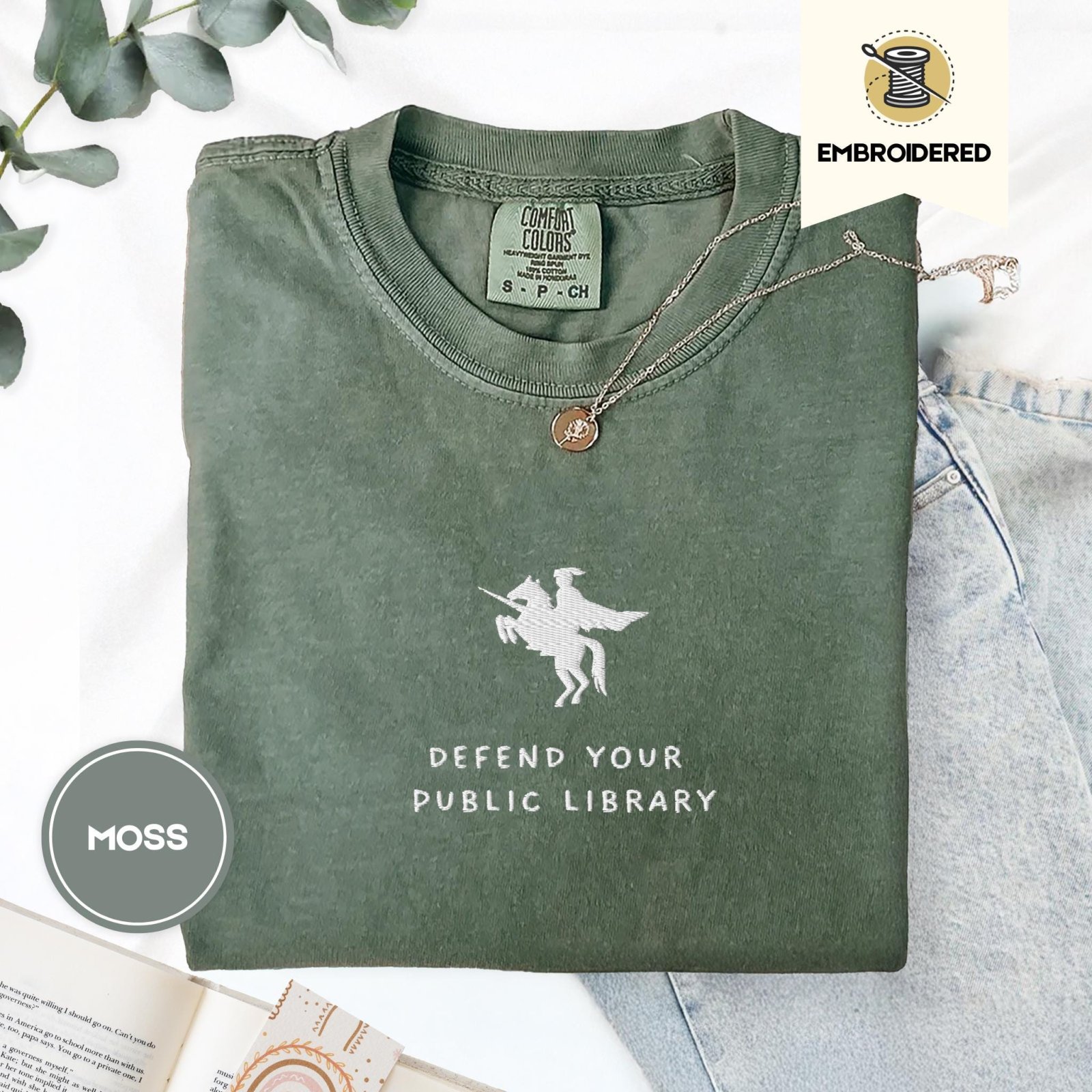Moss Defend Your Public Library Embroidered T-Shirt