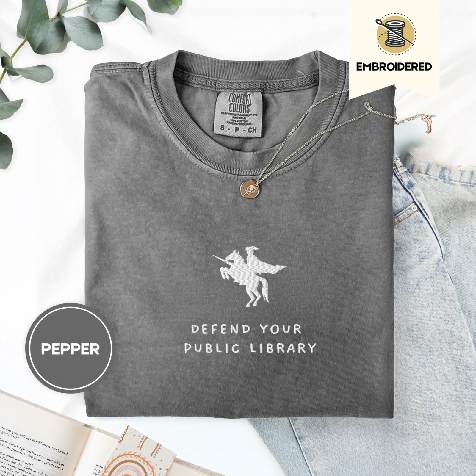 Pepper Defend Your Public Library Embroidered T-Shirt