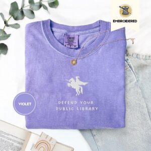 Violet Defend Your Public Library Embroidered T-Shirt