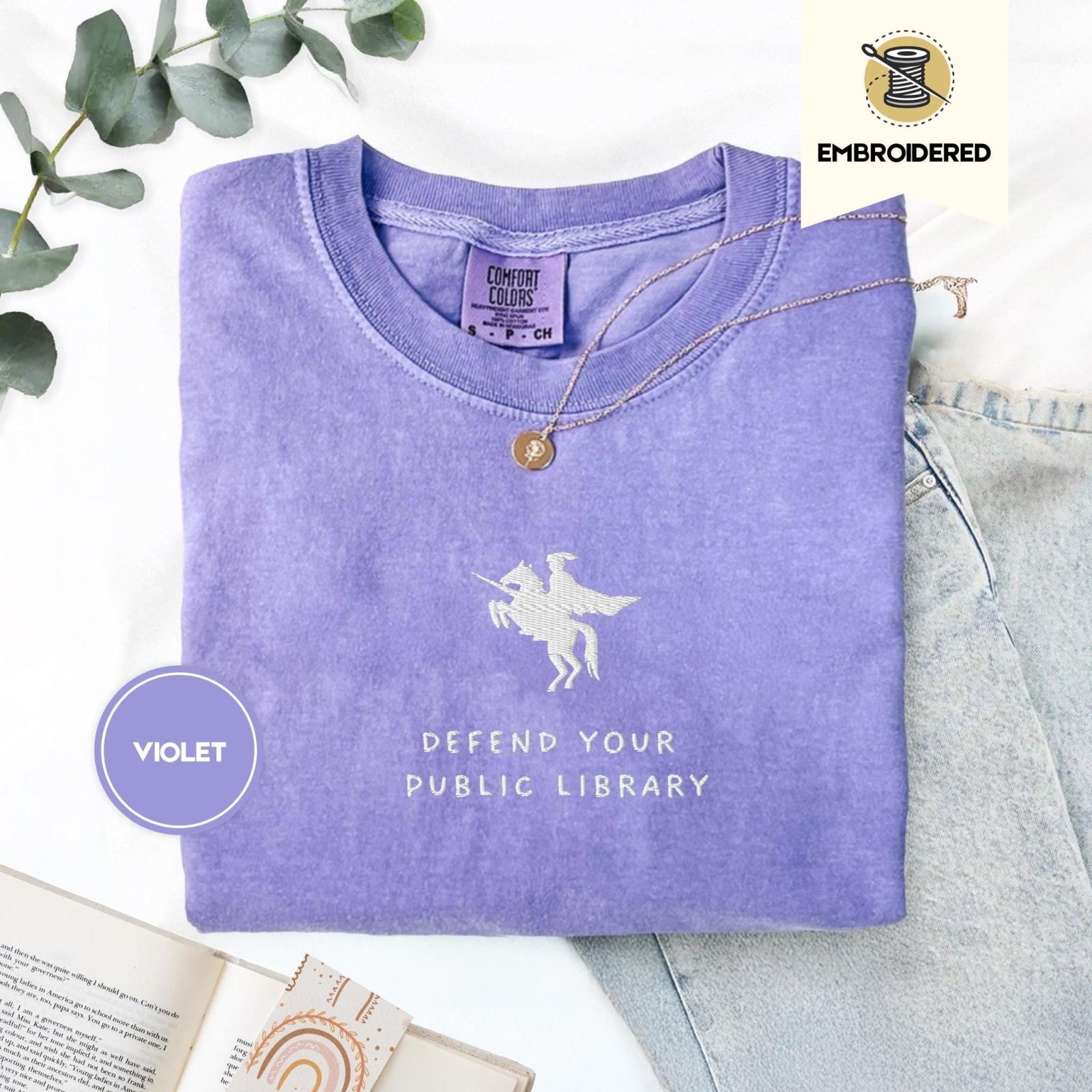 Violet Defend Your Public Library Embroidered T-Shirt