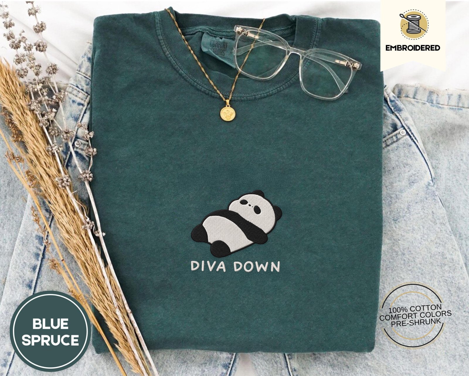 Blue Spruce Diva Down Panda Embroidered T-Shirt