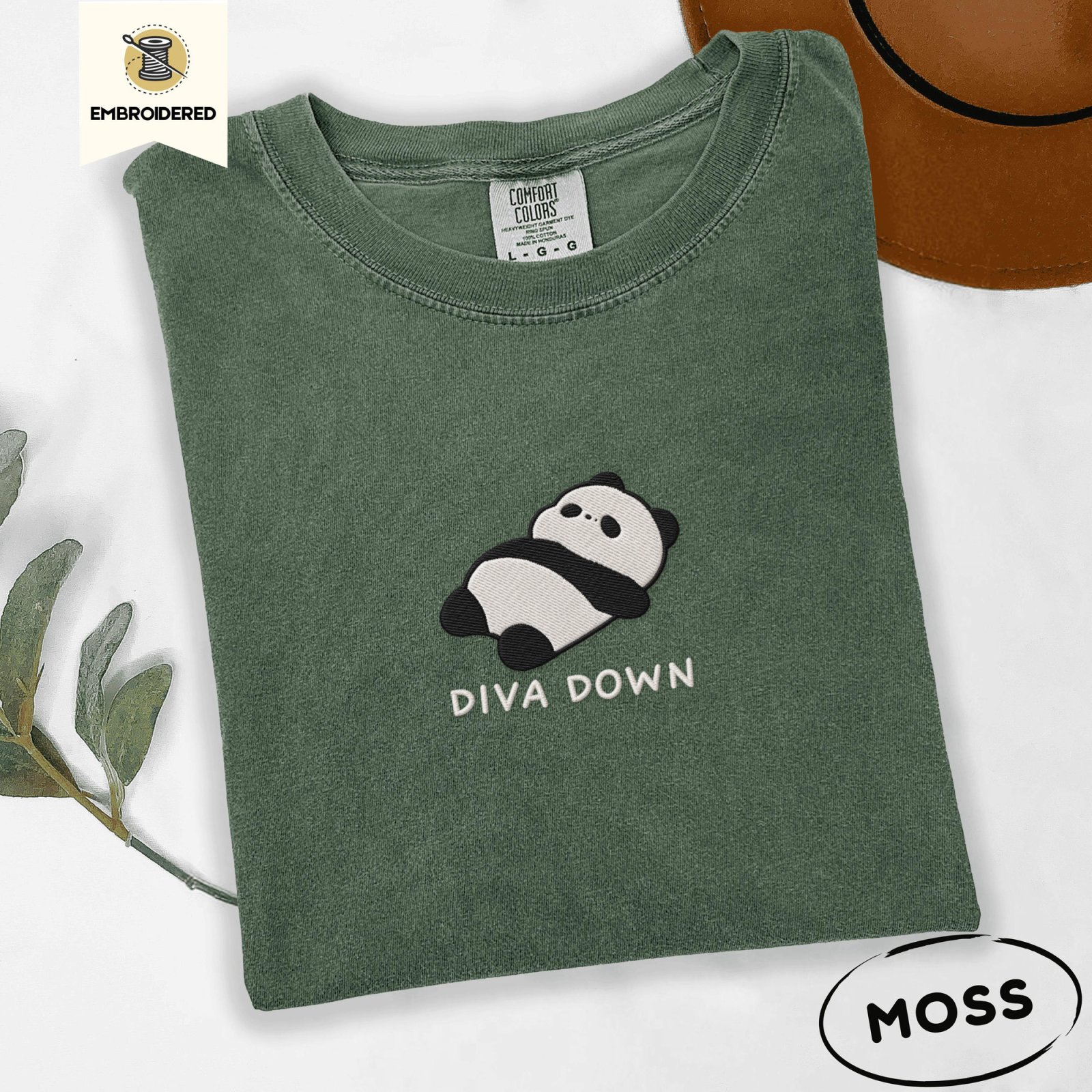 Moss Diva Down Panda Embroidered T-Shirt