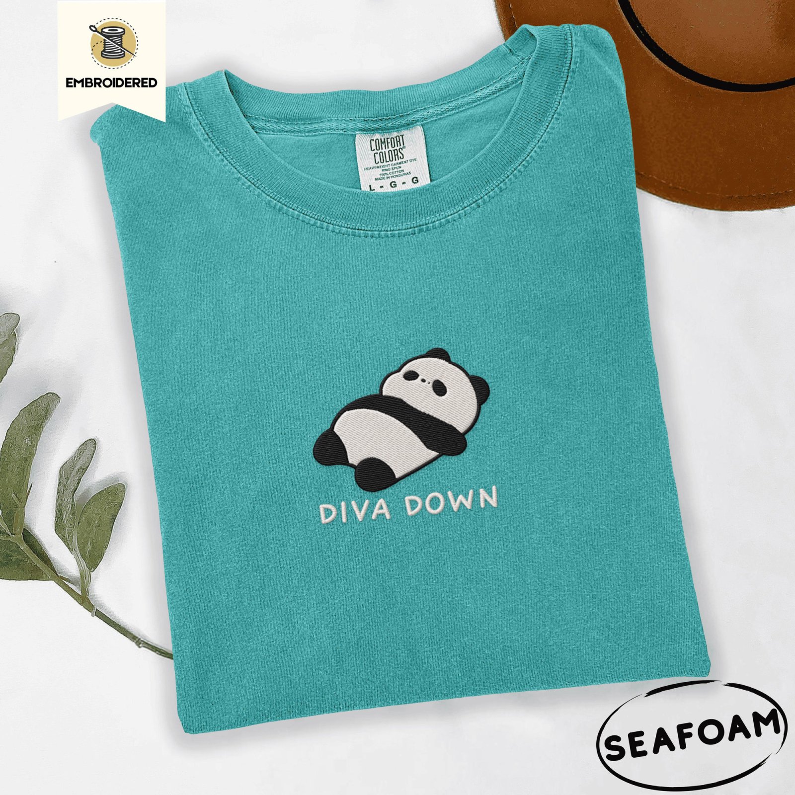 Seafoam Diva Down Panda Embroidered T-Shirt