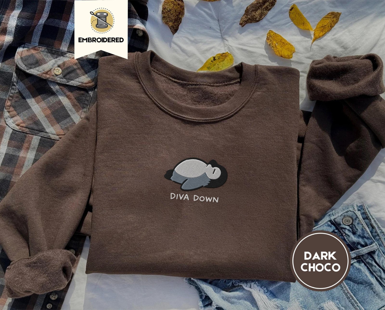 Dark Chocolate Diva Down Penguin Embroidered Sweatshirt