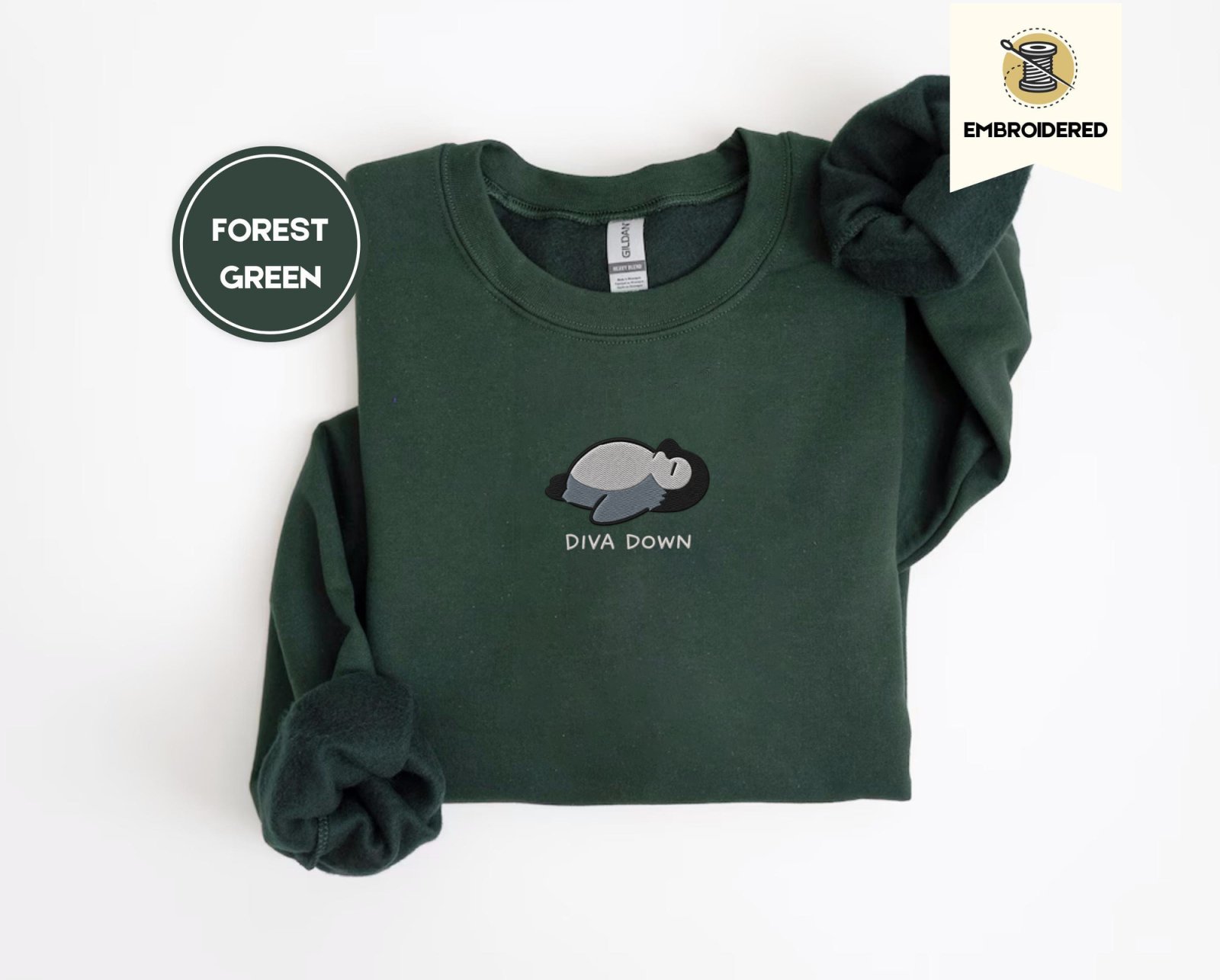 Forest Green Diva Down Penguin Embroidered Sweatshirt