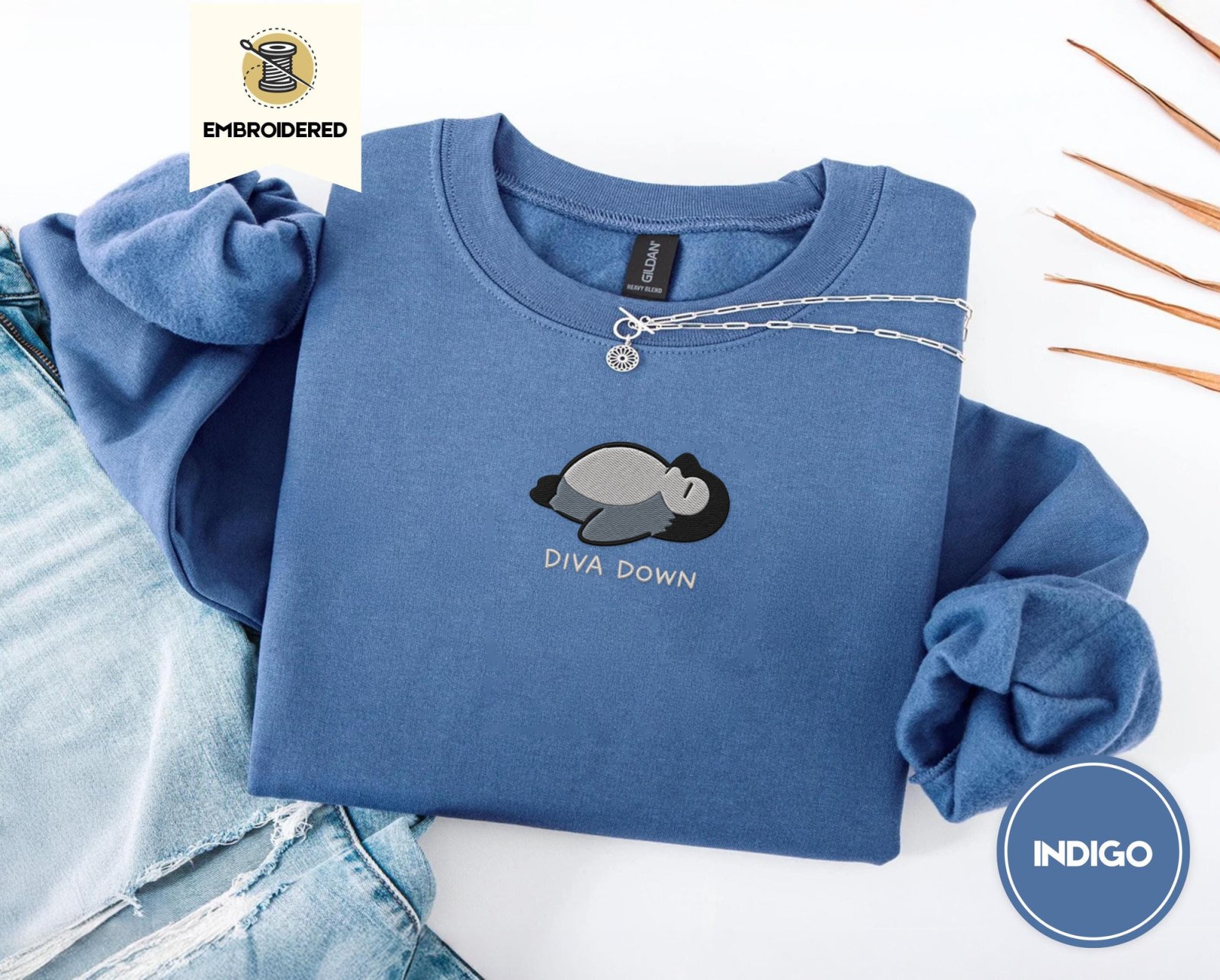 Indigo Blue Diva Down Penguin Embroidered Sweatshirt