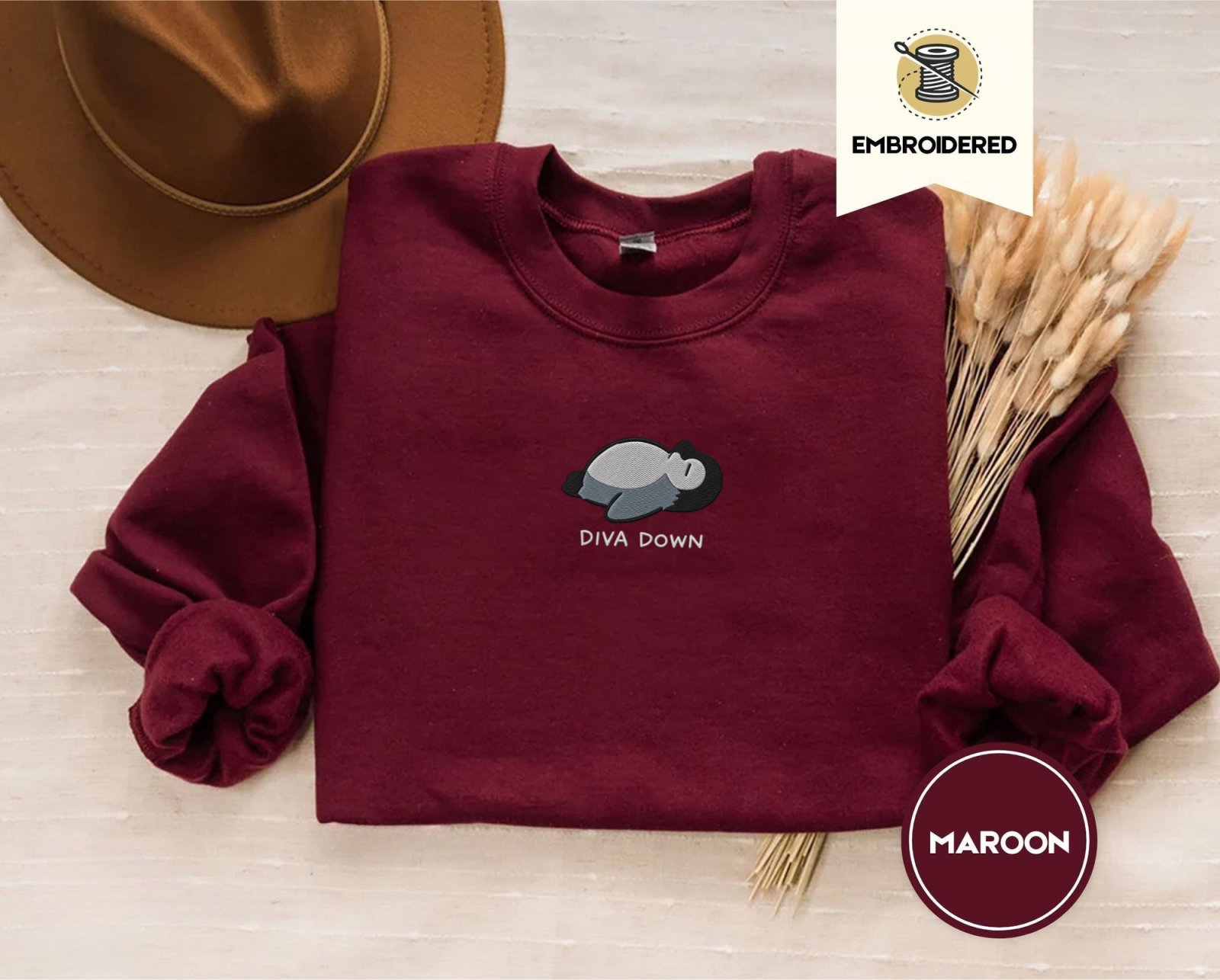 Maroon Diva Down Penguin Embroidered Sweatshirt