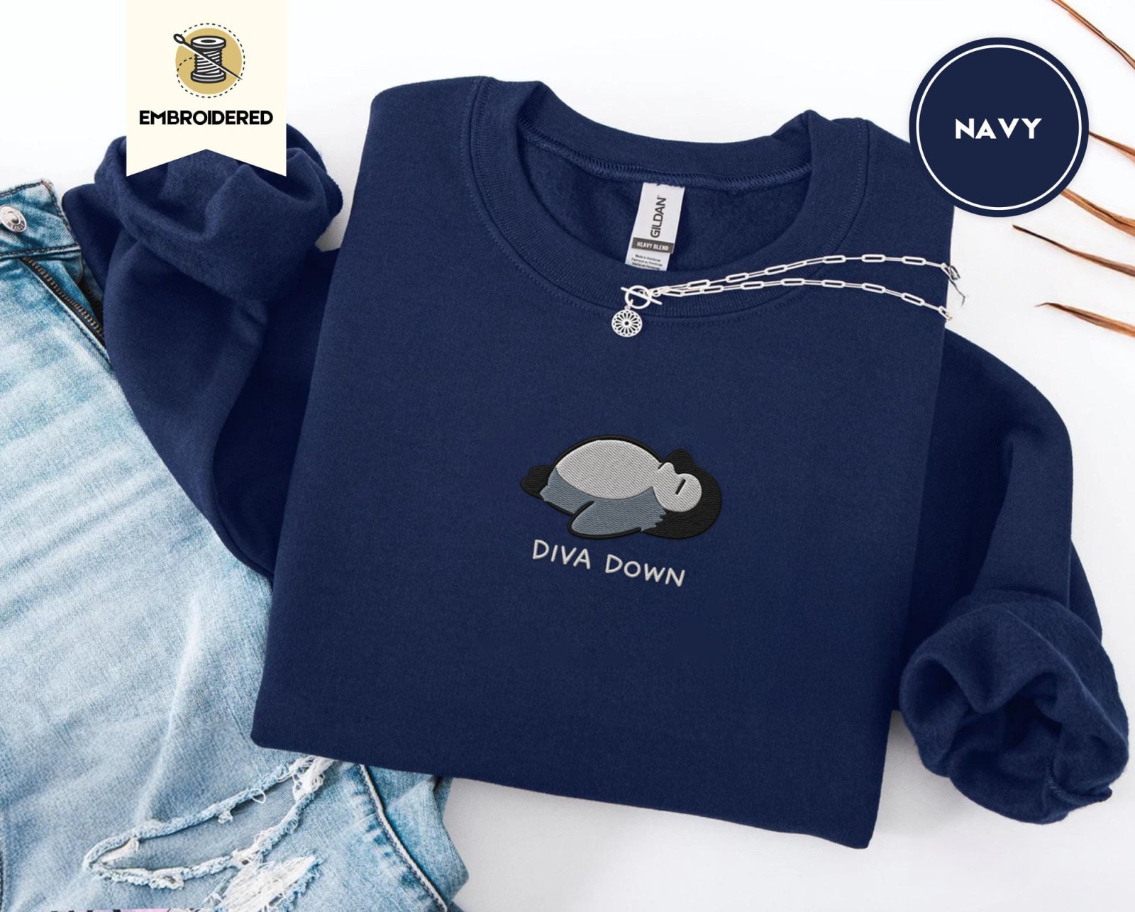 Navy Diva Down Penguin Embroidered Sweatshirt