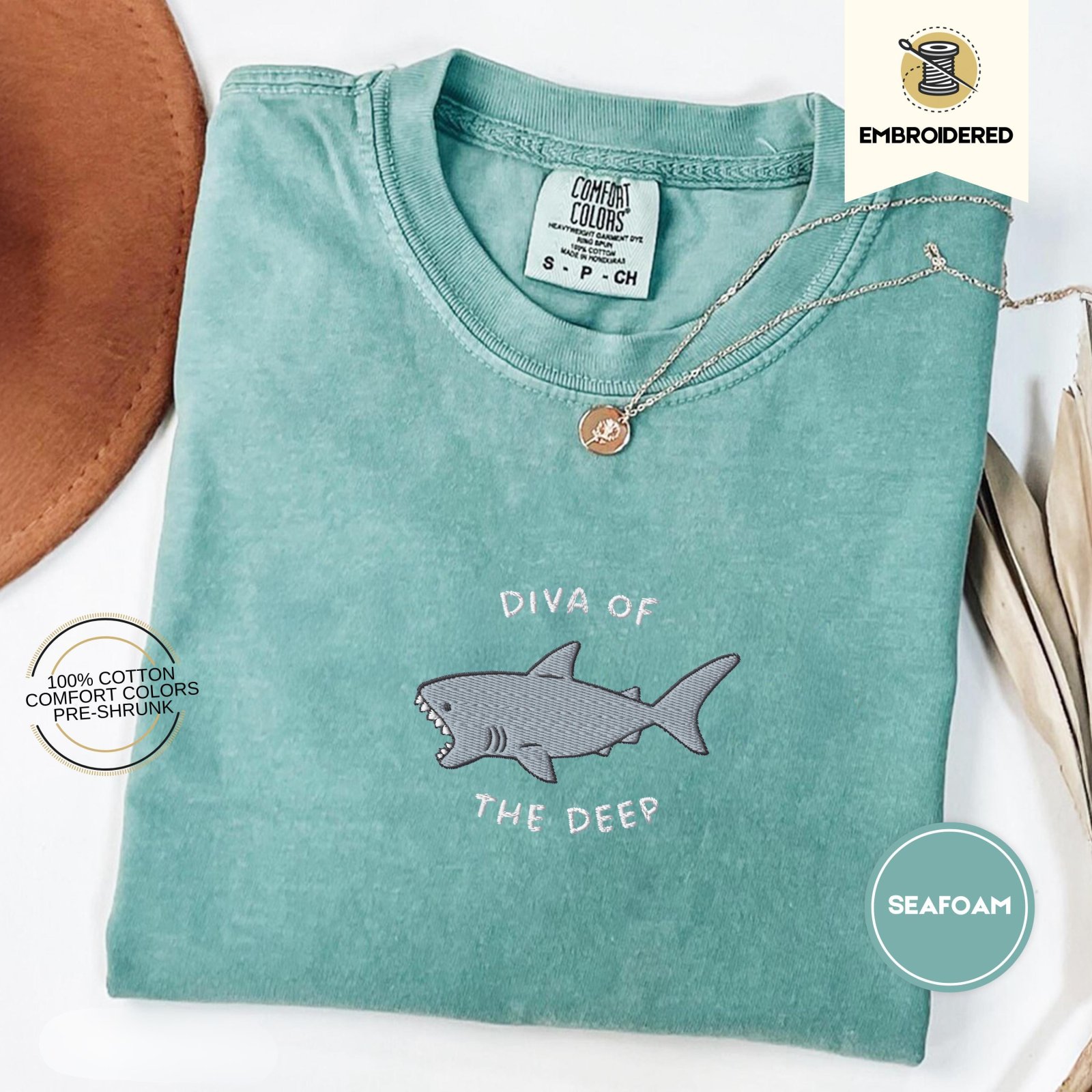 Seafoam Diva Of The Deep Shark Embroidered T-Shirt