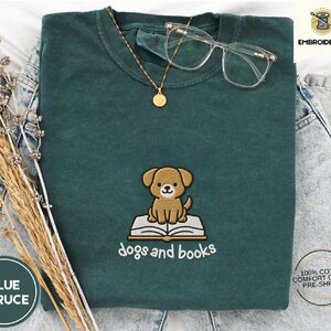 Blue Spruce Dogs and Books Embroidered T-Shirt