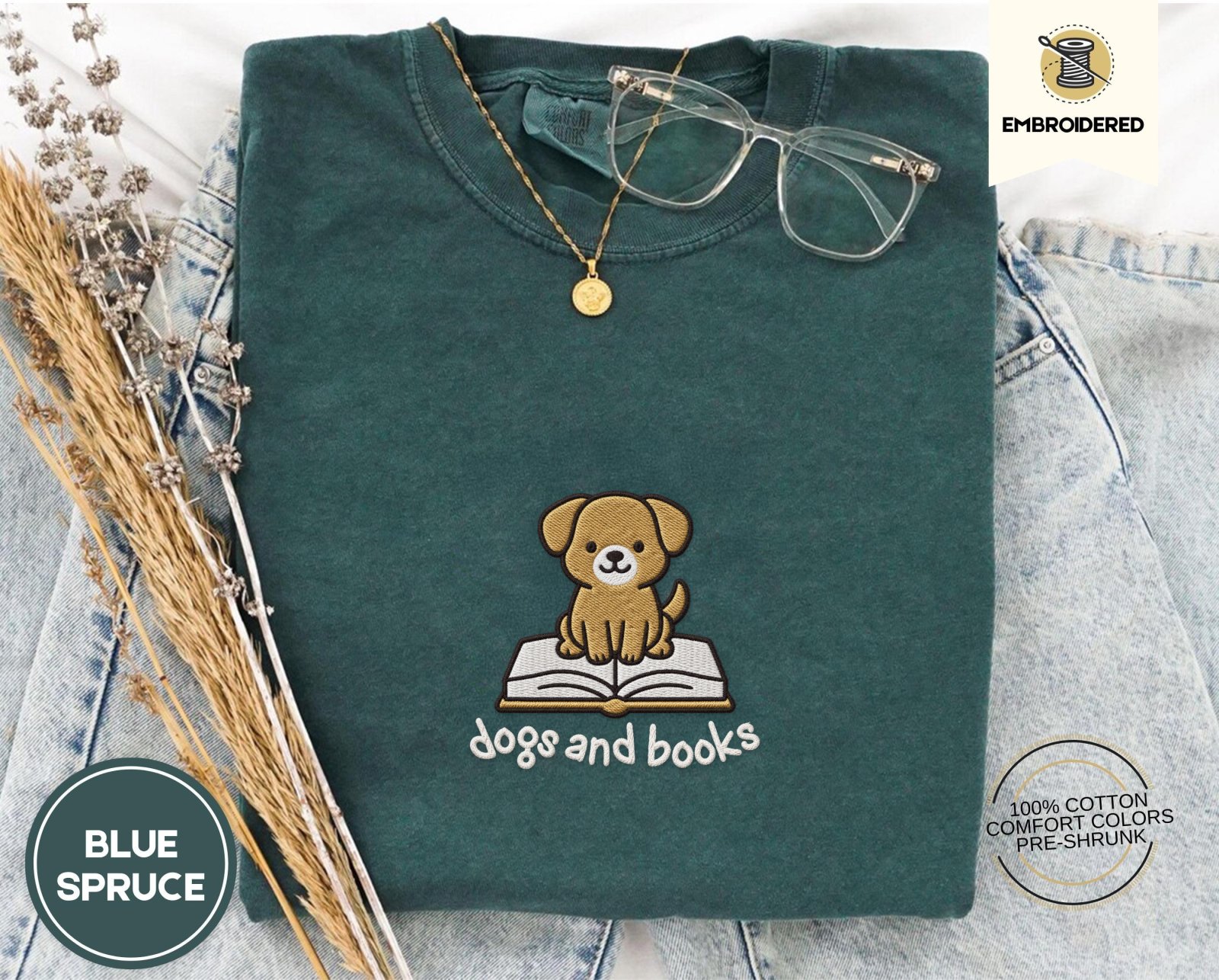 Blue Spruce Dogs and Books Embroidered T-Shirt